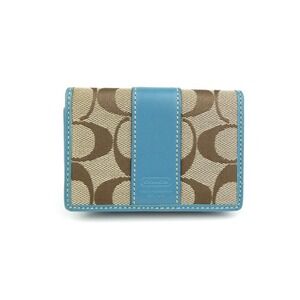 Coach Signature Khaki Teal Leatherware Bifold Card Case Wallet